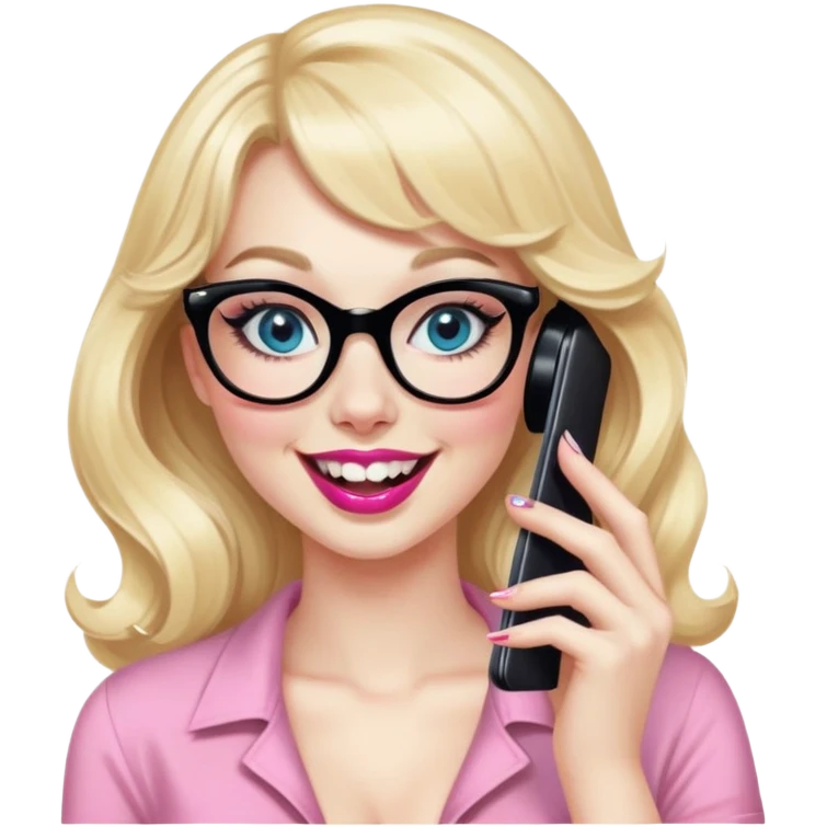 Pin up Woman with pale skin, wider face, blue eyes with eyeliner, thin eyebrows, long black eyelashes, pink lipstick, blonde wavy hair with bangs, wearing black glasses. Laughing on a mobile phone  emoji