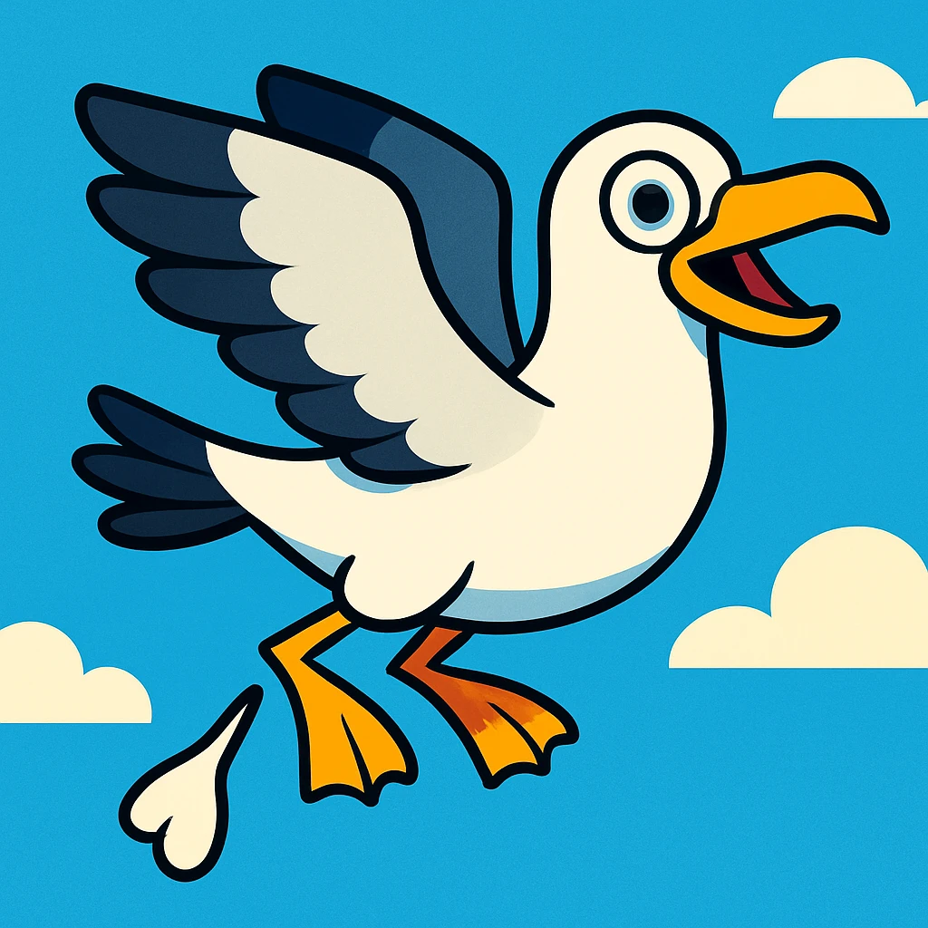 a seagull flying while pooping, vibrant toon style, colorful and playful emoji