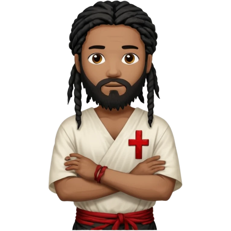 African American man with shoulder length black dreadlocks with black beard wearing a white blood stained white tunic with arms folded together across chest emoji