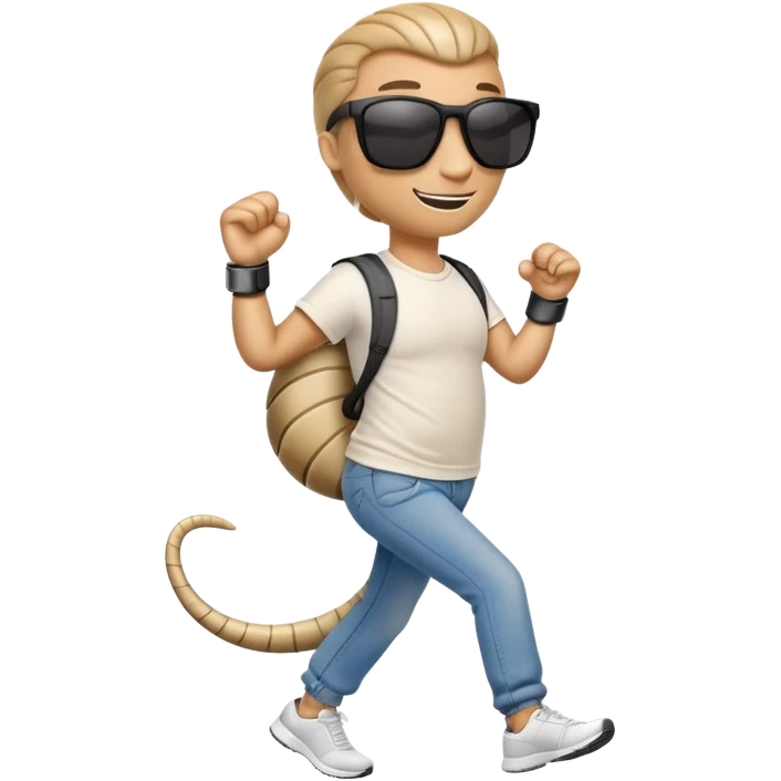 friendly anthropomorphised cobra in jeans and a t-shirt, wearing dark sunglasses, jogging upright in relaxed pose emoji