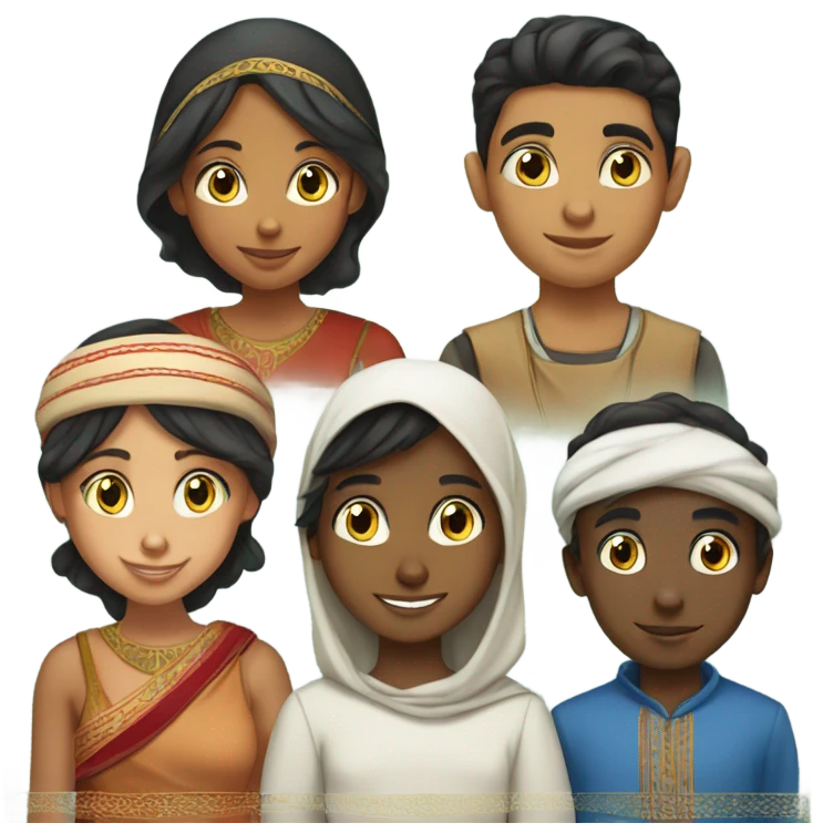 a Moroccan boy, an Indian girl, an Iranian girl, a Haitian boy, a Egyptian boy emoji