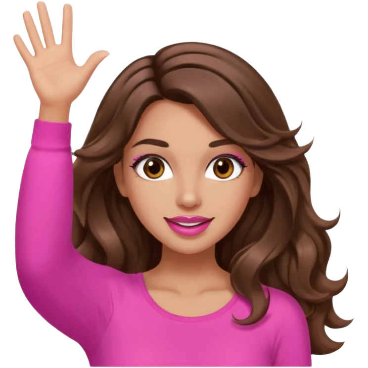 girl with long wavy brown hair, brown eyes, long lashes makeup, sexy pink lips, light to medium complexion, pink sexy top, two hands up shrugging emoji
