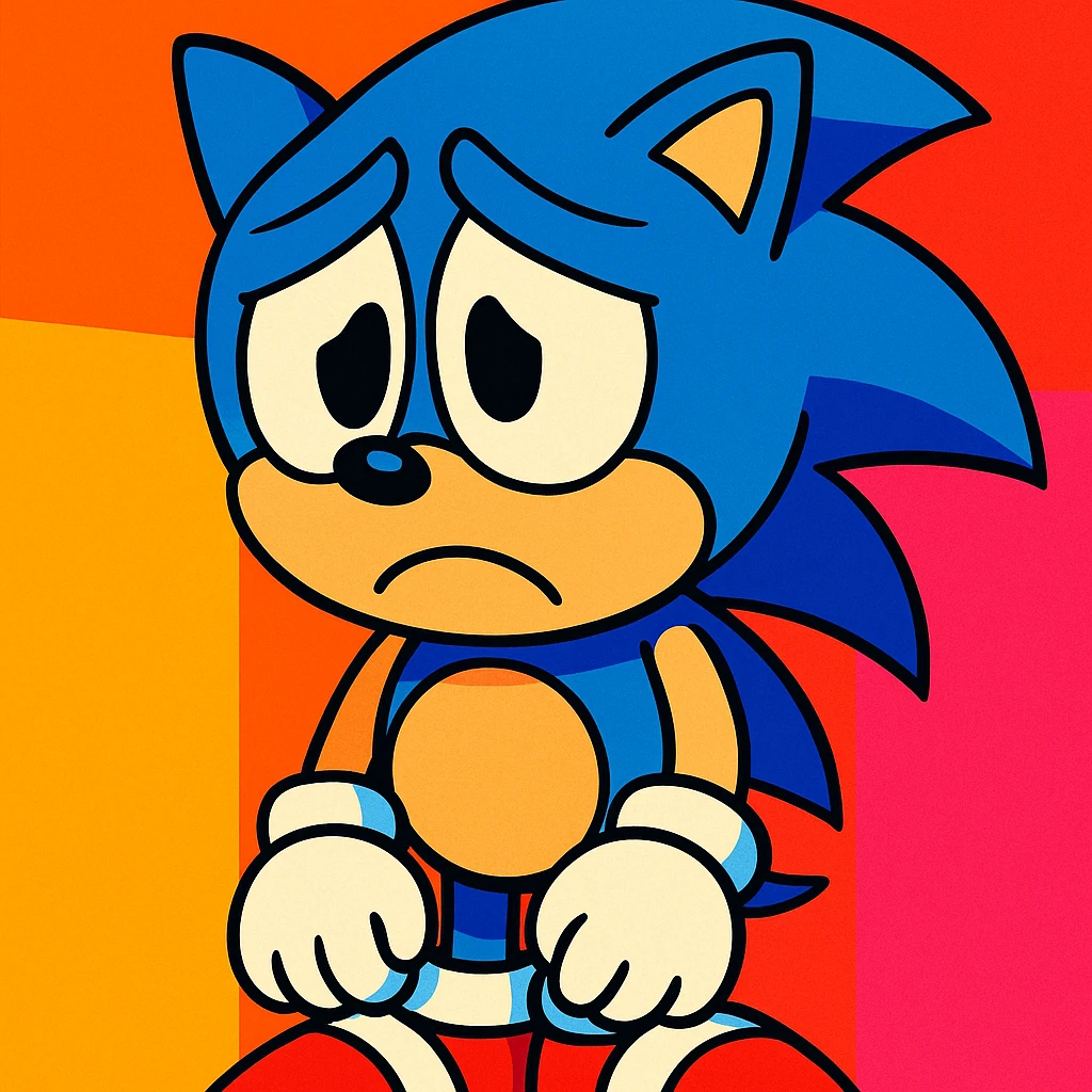 Sonic the Hedgehog with a sad expression, vibrant toon style emoji