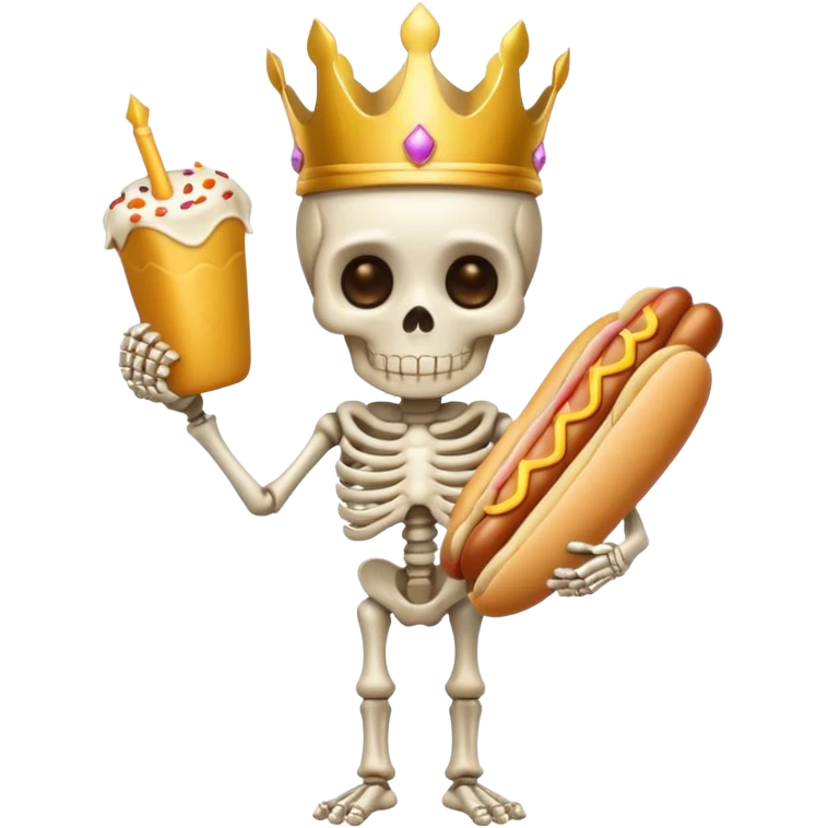 A cute skeleton wearing crown and holding hot dog full body emoji