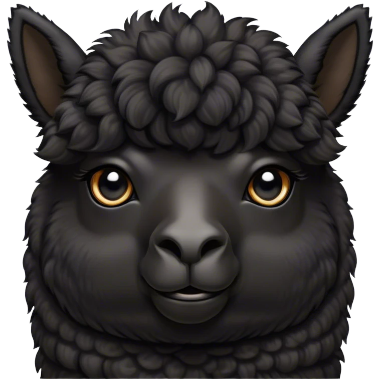 Cinematic Noble Black Alpaca Portrait Emoji, Poised and regal, with a striking, sturdy build and a sleek, well-groomed jet-black fleece, deep-set soulful dark eyes, Simplified yet sharp and sophisticated features, highly detailed, glowing with a soft, dignified glow, high shine, intelligent and mysterious, stylized with an air of elegant austerity, focused and attentive, soft glowing outline, capturing the essence of a watchful and confident companion, so majestic it feels as though it could stride out of the screen with effortless authority! emoji