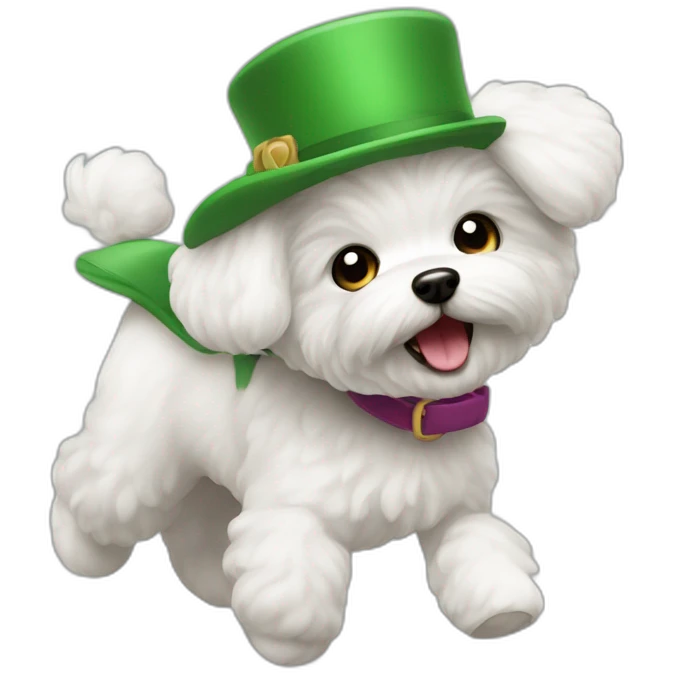 Bichon maltés with a green barret running  emoji