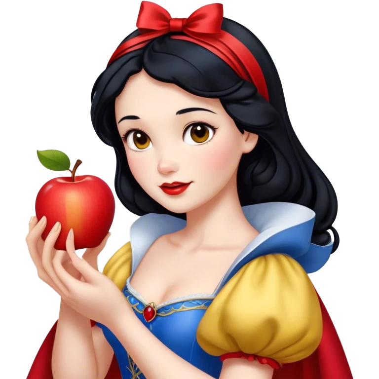 Cinematic Realistic Snow White Portrait, depicted with lifelike skin texture, soft natural lighting, and intricately detailed black hair styled with a red ribbon. Her soft brown eyes radiate innocence and kindness, complemented by a warm, gentle smile. She holds an apple in one hand, her other hand resting against her cheek, embodying her purity and charm. She is dressed in her classic yellow, blue, and red gown, the fabric rich in texture with delicate folds that catch the light beautifully. The portrait features a soft, natural glow with a radiant finish, capturing the essence of timeless beauty in a realistic and painterly style. emoji