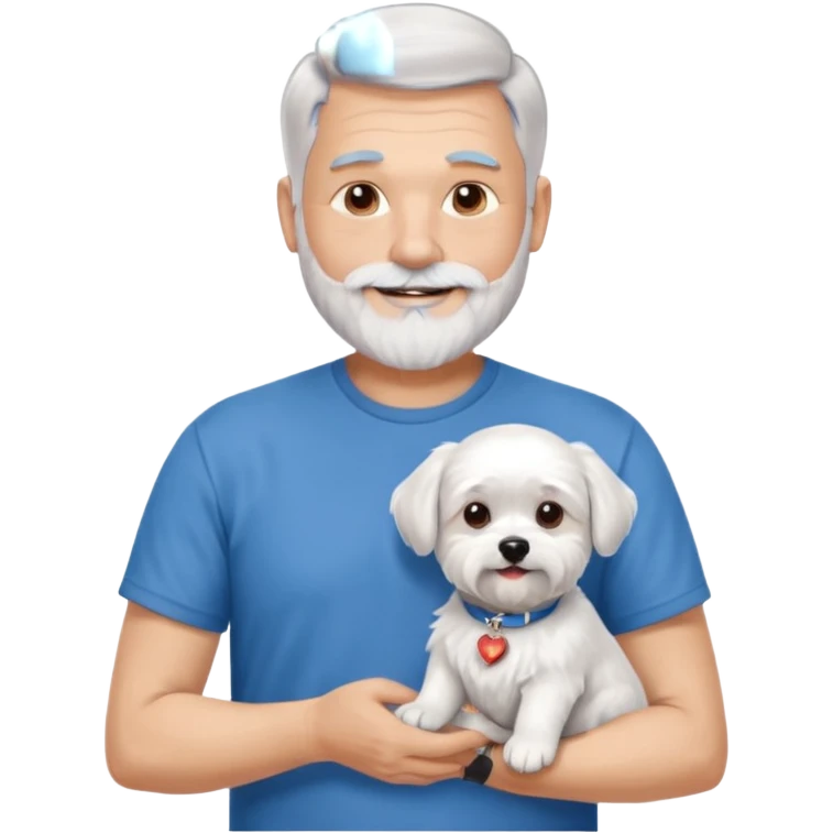 handsome gentleman, 60 years old, crew cut silver hair, full beard, wearing a blue t-shirt, smiling and holding a maltese dog emoji