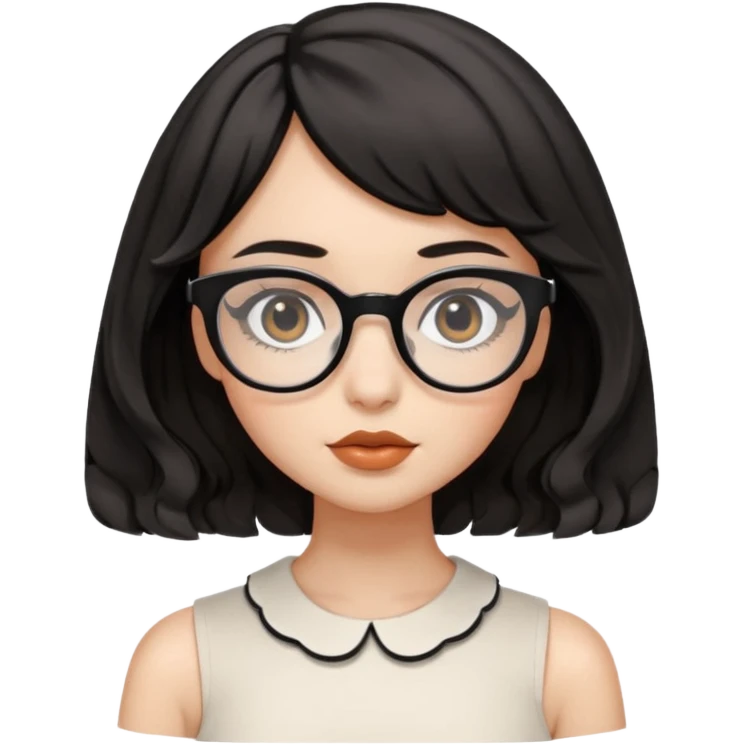 young female with black wavy French bob hairstyle, black round eyes, white square eyeglasses, wearing a peplum top emoji