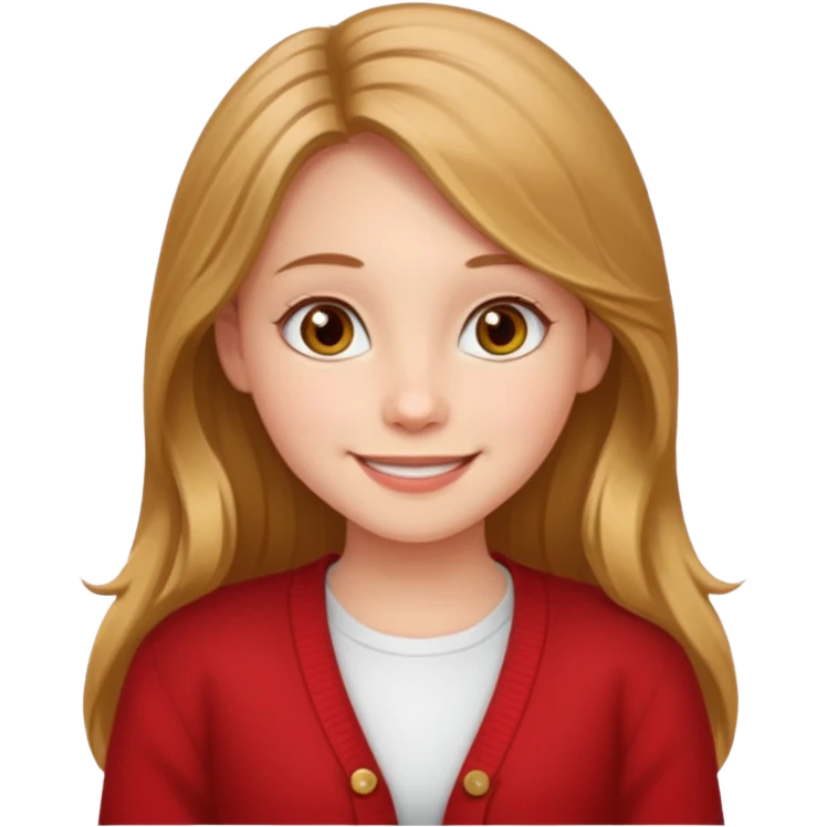 create a girl with hazel long hair, hazel eyes and beautiful smile, and red colour cardigan emoji