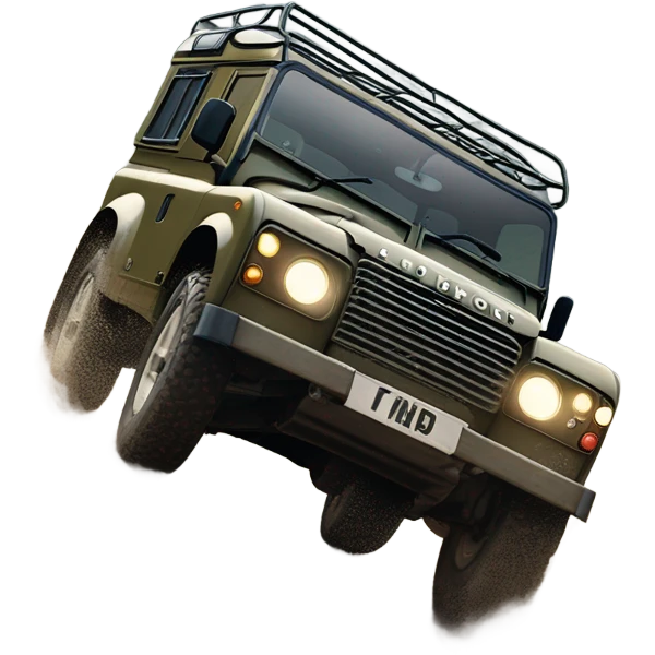 An land rover facing a road full of mud and rocks, with big tires and mud splashing around, showing resistance and adaptability. emoji