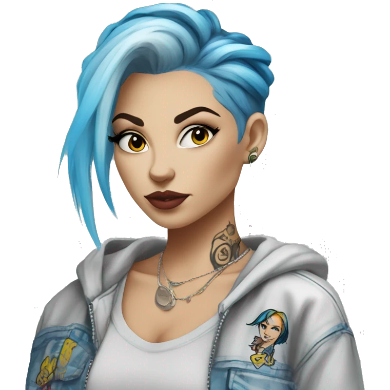 Eastern European Lady wearing trendy graffiti street clothes with blonde hair with highlights and a blue dyed hair streak and tattoos emoji