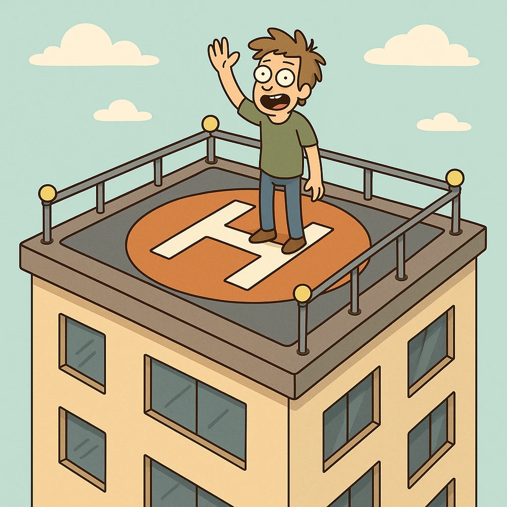 helipad on rooftop of a building, isometric view, platform with large H, railings and lights, simple and colorful style emoji