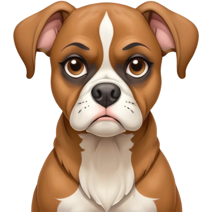 Cinematic Grumpy Fawn Boxer Portrait Emoji, Head tilted slightly with a deeply unimpressed expression, showcasing a robust fawn coat with a prominent white muzzle and chest, large, droopy brown eyes narrowed into an unamused glare, ears slightly drooping in exasperation, Simplified yet comically expressive features, highly detailed, glowing with a dry, sarcastic glow, high shine, effortlessly judgmental yet dignified, stylized with a touch of cynicism, bright but brooding, soft glowing outline, capturing the essence of an eternally unimpressed yet endearing guardian, so lifelike it feels like it could sigh heavily at you in disdain at any moment! emoji