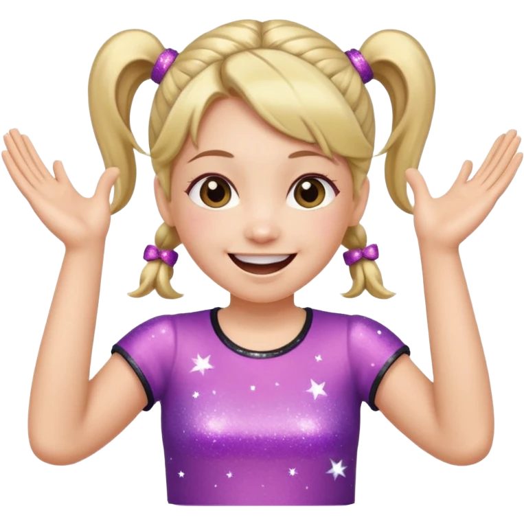A girl with pigtails and a sparkly top, cheering with both hands raised and a huge smile. emoji