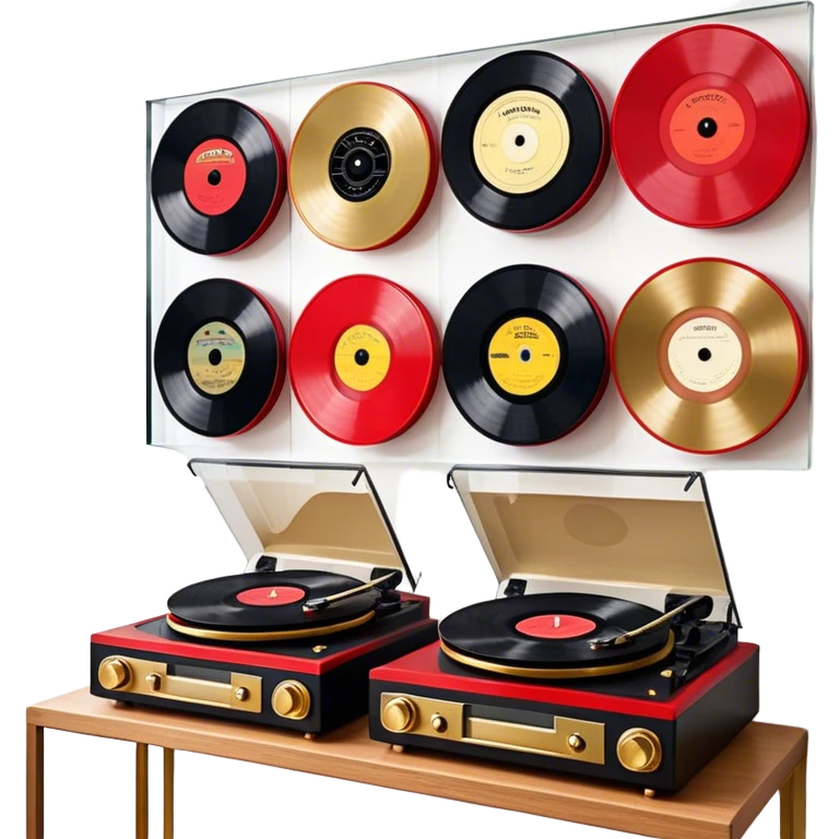 Icon for Vinyl Record Collecting: large black, golden and red vinyl records in decorative packaging featuring artist images, neatly arranged on a wall or shelf, modern vinyl record player. The icon should reflect the aesthetic and artistic aspect of collecting vinyl records. Transparent background. emoji