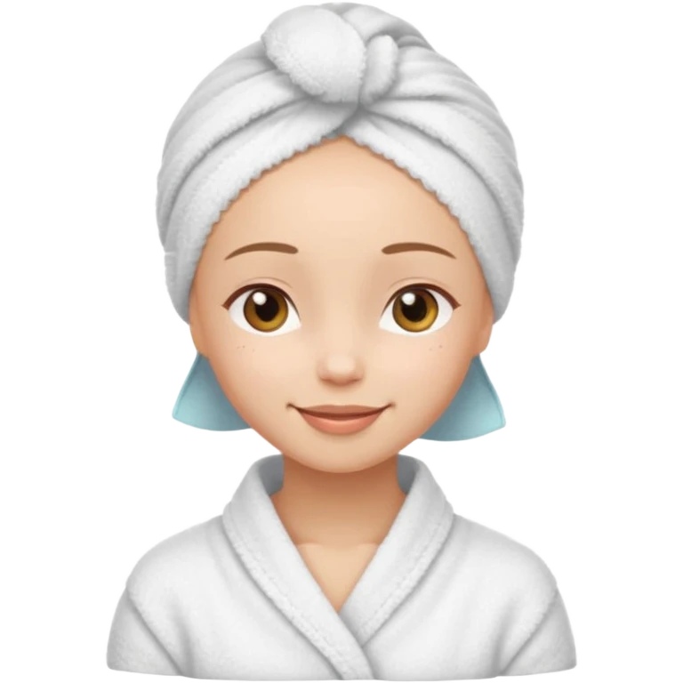 cute girl with her eyes closed and smiling, wearing a white spa towel as her clothes in she has a white spa towel on her head, no hair emoji