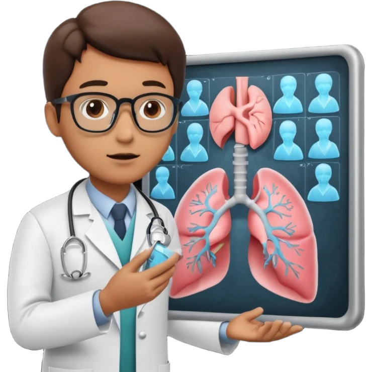 A 3D cartoon doctor examining a lung X-ray on a lightboard, medical room background, Memoji-style realism. emoji