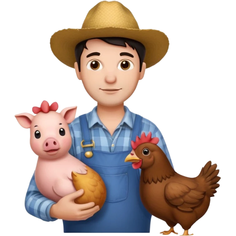UN HOMBRE VESTIDO DE GRANJERO PIEL CLARA Y PELO OSCURO CON UNA GALLINA UN CERDO Y UNA VACA ALREDEDOR emoji