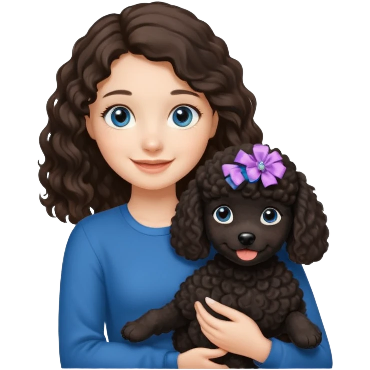 Brunette girl with long wavy hair and blue eyes holding black puppy poodle with brown eyes emoji