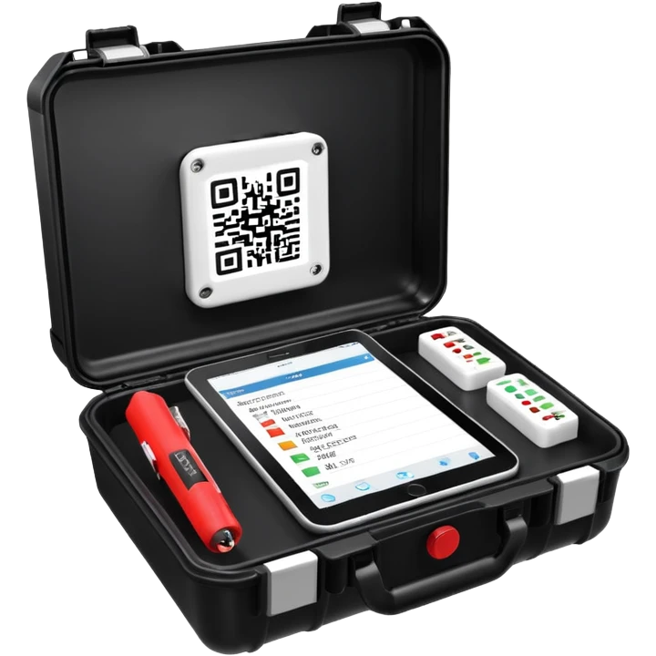 An open black hard-shell test case. inside: technical control handy, a power outlet, USB port, and colored test sockets. A large roll of white test labels with qrcode lies next to the equipment, along with one red test probe. emoji