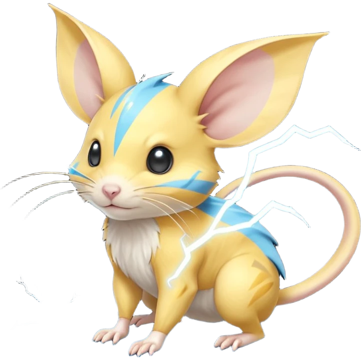 Elemental electrical electric electro lightning-powered mustard-gold-Yellow with cyan-blue bolt-stripe markings Gerbil-Jerboa-Minccino-Emolga-Pachirisu-Pokémon-Fakémon-hybrid-fusion-creature with a tufted tail and blue lightnings bolts emoji
