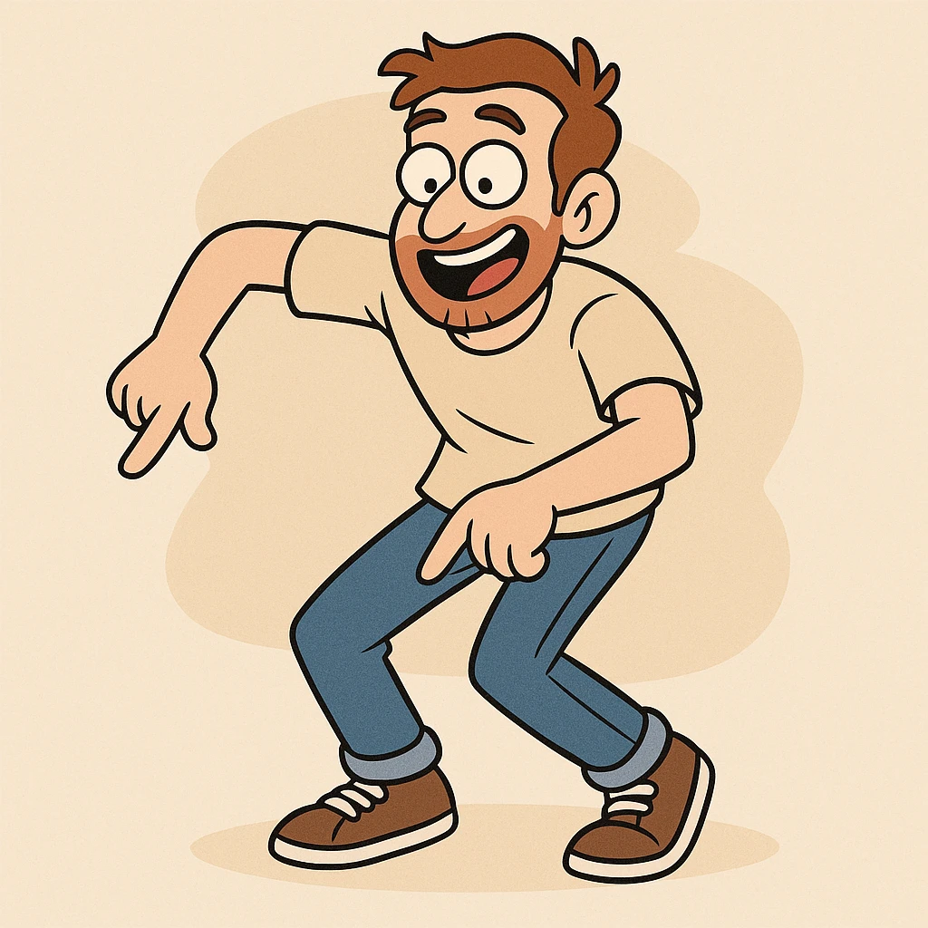 a cartoon man hitting the Griddy, mid-dance, fun expression emoji
