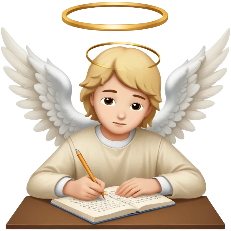 Person writing essay with "Dear God" with halo and angel wings emoji