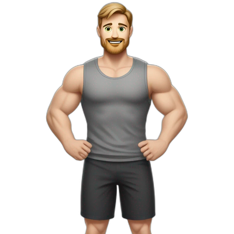 Full height realistic Actively gesturing with hands Pale skinned Fit Man With the biceps and brown hair in dark gray Sleeveless Mike, black oversize sports shorts, watch and white Sneakers emoji