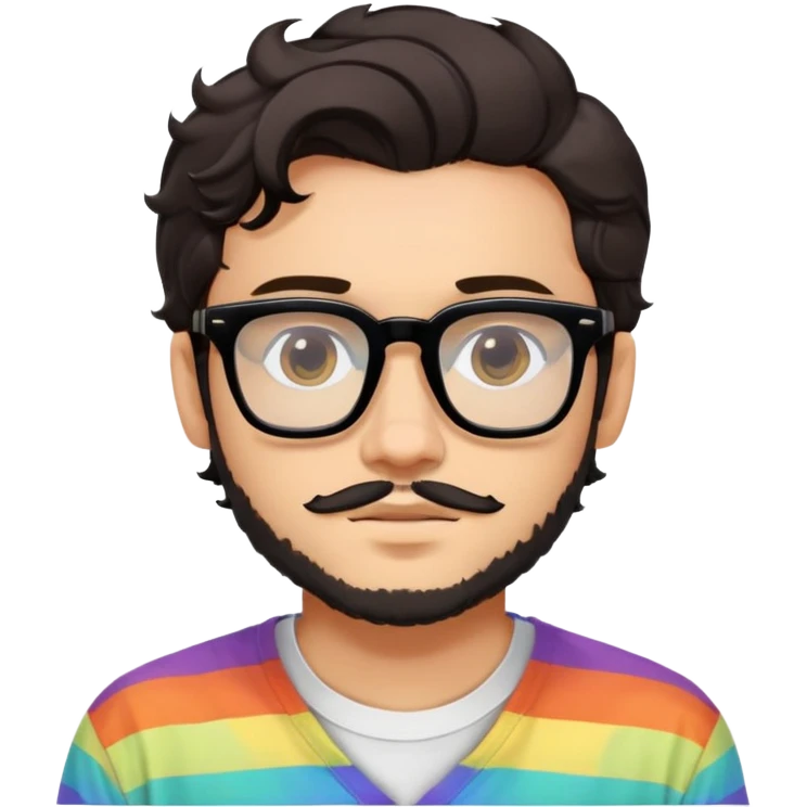 young adult man with light skin, short beard, dark wavy hair, relaxed expression, very wide rectangular glasses with thick black acetate frame and thick double bridge, retro oversized style, colorful open shirt and white t-shirt emoji