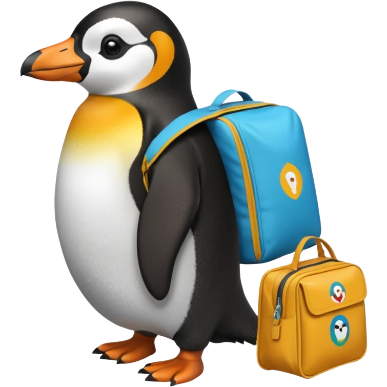 Una persona de apariencia peruana, vestida con ropa característica sin pelo montado a espaldas de un pingüino con una bolsa de la empresa de reparto glovo en la espalda emoji