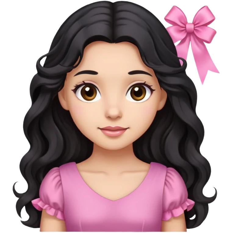 Beautiful girl with long wavy black hair, brown eyes, light skin, slight smile, pink ribbon in hair, and pink dress emoji