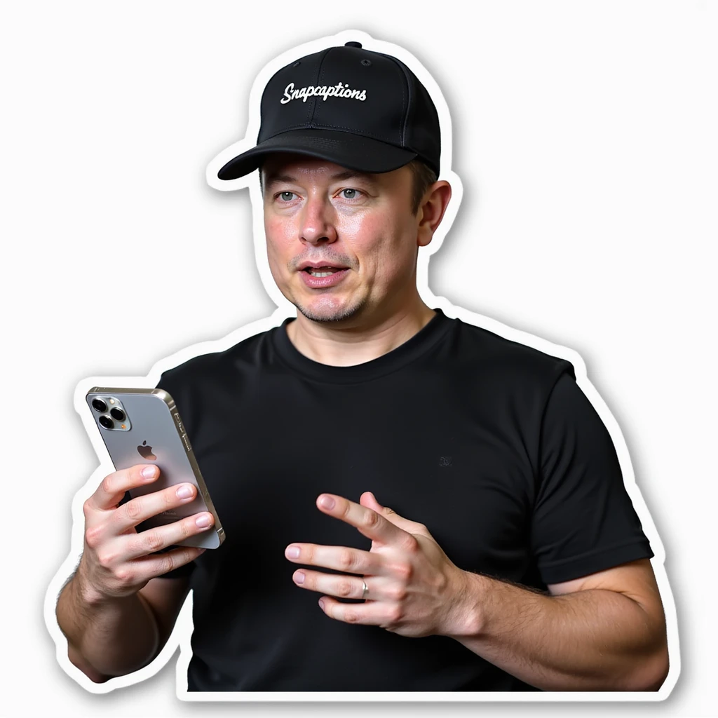 realistic photorealistic sticker of Elon Musk holding an iPhone, wearing a cap labeled 'Snapcaptions', suitable for social media emoji