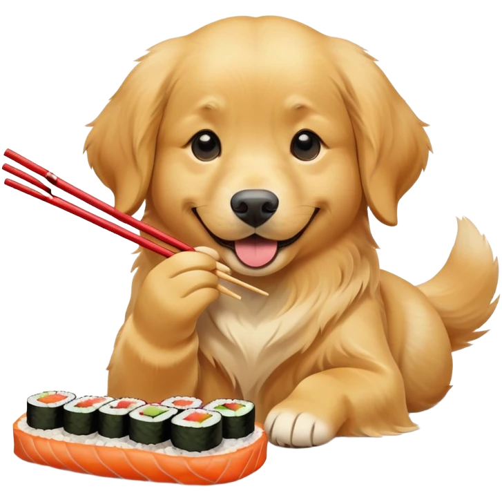 A happy golden retriever eating a colorful sushi roll with chopsticks, wagging its tail, anime-style emoji, vibrant colors, simple and cute emoji