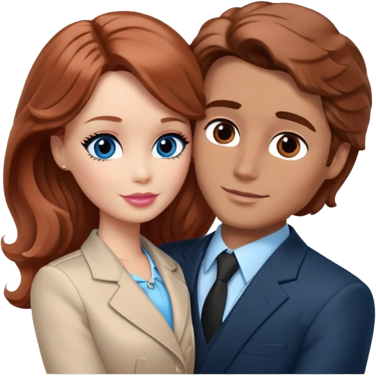 Barbie girl  , eyes blue , Chestnut red long wavy hair In pale beige clothes, Hugs a man with brown hair short haircut, brown eyes , and a black suit emoji