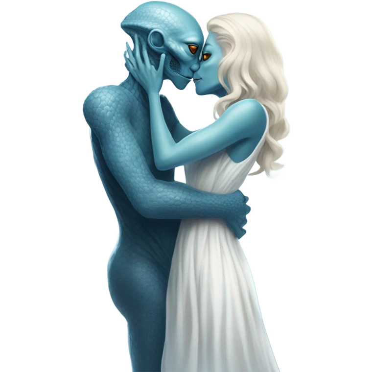 Alien reptilian woman in white dress hugs and kissing a normal "white male human man" in blue dress emoji