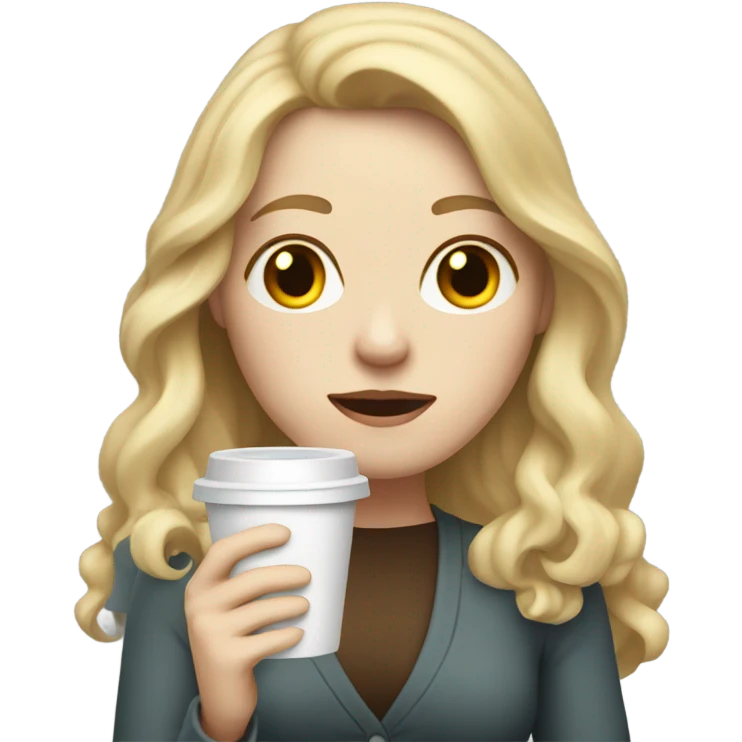 Woman, white skin, pale skin, long hair, blonde hair, wavy hair, tired expression, holding cup of coffee emoji