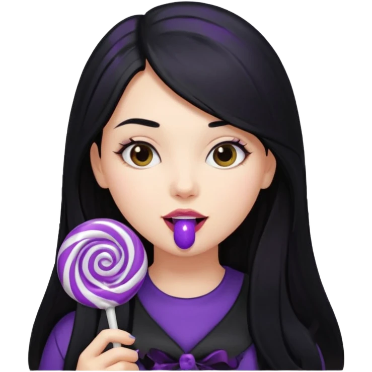 girl with long black hair, black clother with eating disorder purple sweet food emoji