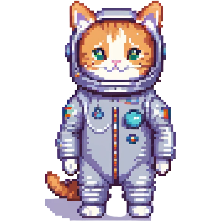 cat wearing a space suit, retro video game look, simple and cute emoji