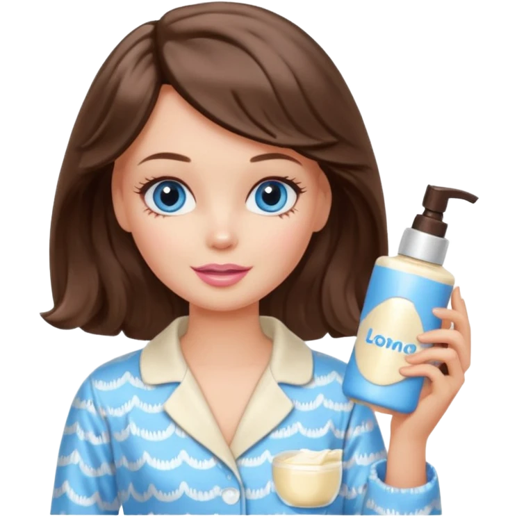 Barbie girl with makeup, blue eyes , and bob long haircut wavy, short brown hair in creamy color pajamas, face cream in hand emoji