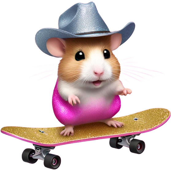 Pink ombre hamster riding a skateboard with glitter and cowboy hat emoji