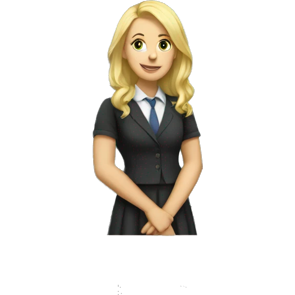 english teacher (woman wit blonde hair) standing next to the blackboard emoji