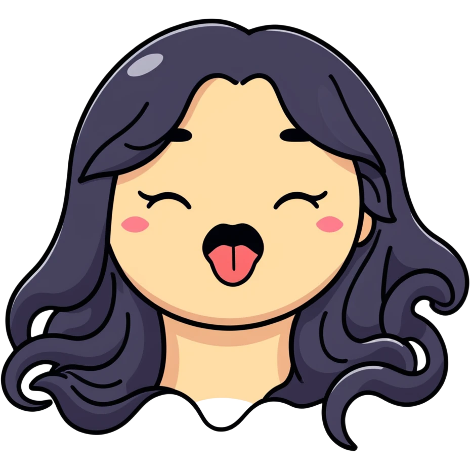 surprised and disgusted face with long black hair, goopy white liquid on cheeks, lips, and tongue, tongue sticking out, eyes shut, expressive cartoon look emoji