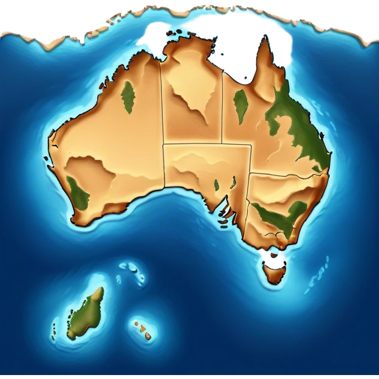 Cinematic-realistic outline of Australia, featuring its distinct landmass with accurately defined coastlines. The deep blue ocean surrounds the golden-brown continent, with subtle topographic shading to highlight its terrain. A soft glowing effect enhances the edges, making the shape stand out against a neutral, textured background. emoji