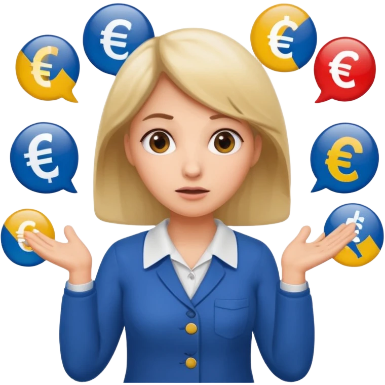 A confused female kindergardenteacher shrugging shoulders with euro symbols and documents floating around. emoji