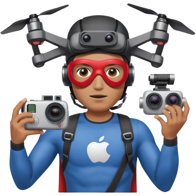 Super hero photographe, gopro sur la tête, masque ce fpv  (style Apple vision) sur les yeux. Un drone à côté de lui. Il tiens un appareil photo reflex. emoji