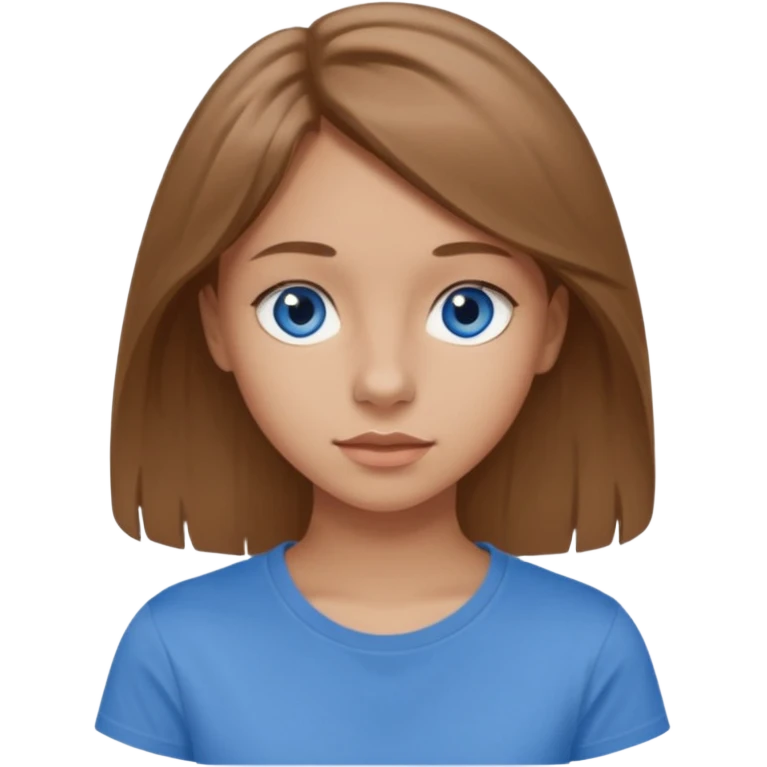 A 16-year-old girl with long, light brown hair and blue eyes. She also has slightly tanned skin, a small nose, and average-sized lips (though her lower lip is slightly larger than her upper lip). She's wearing a taupe T-shirt with a round neck.  emoji