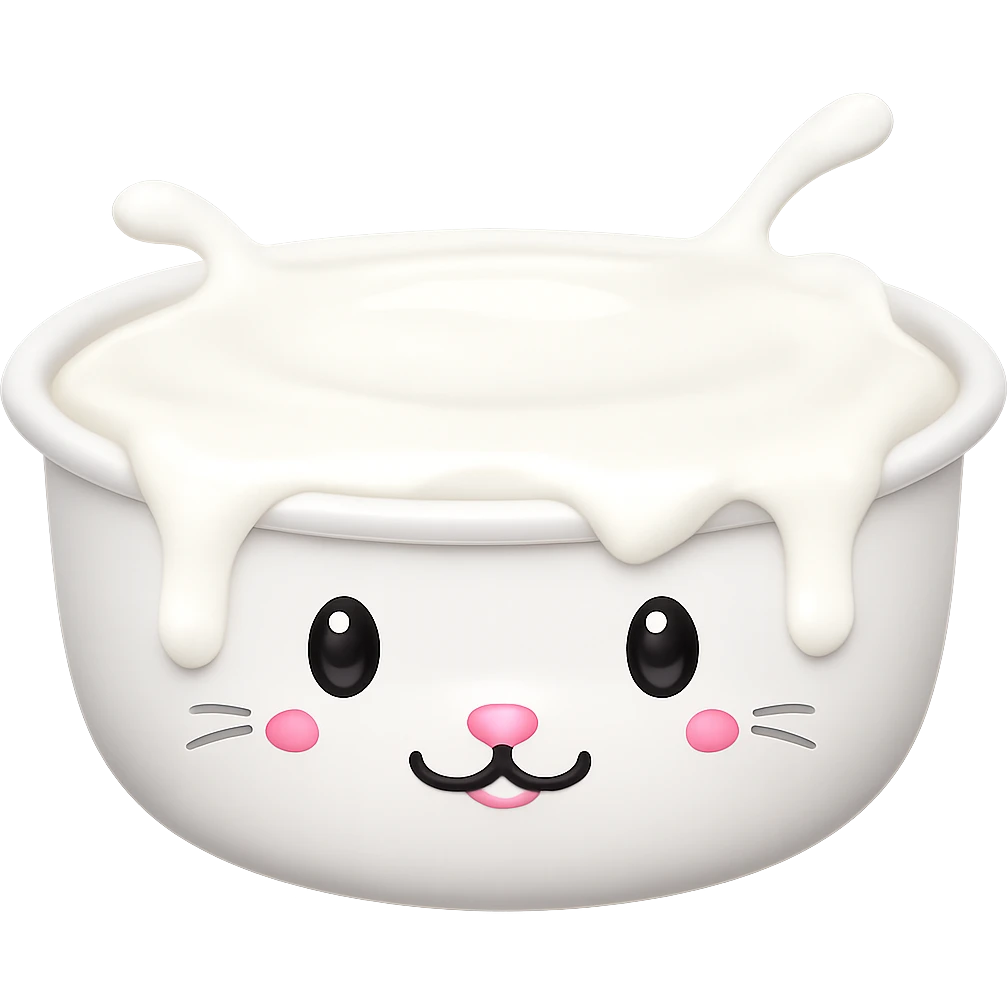 Replace the food in the adorable cat food bowl with milk, the bowl is overflowing with milk, keep the adorable cat food bowl style and apple emoji style, no background. emoji
