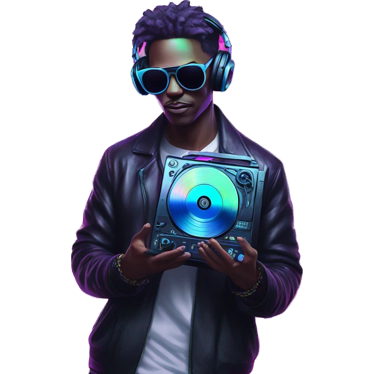 A dj wearing sunglasses playing music holding a cd record record, vinyl, oilslick holographic blacklight inverted graffiti dark dull emoji