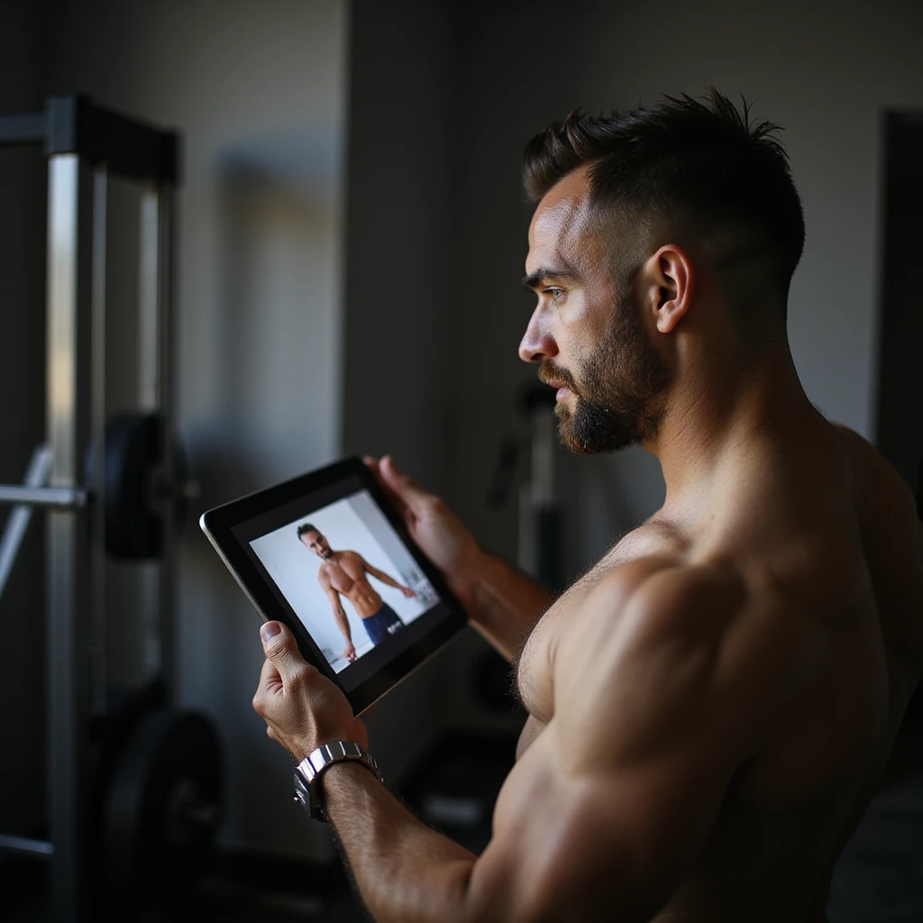 Uomo che guarda video di allenamento muscolare sul tablet, appare insicuro e poco motivato, testo in italiano: “Aumentare i muscoli per accelerare il metabolismo”. Stile iperrealistico. emoji